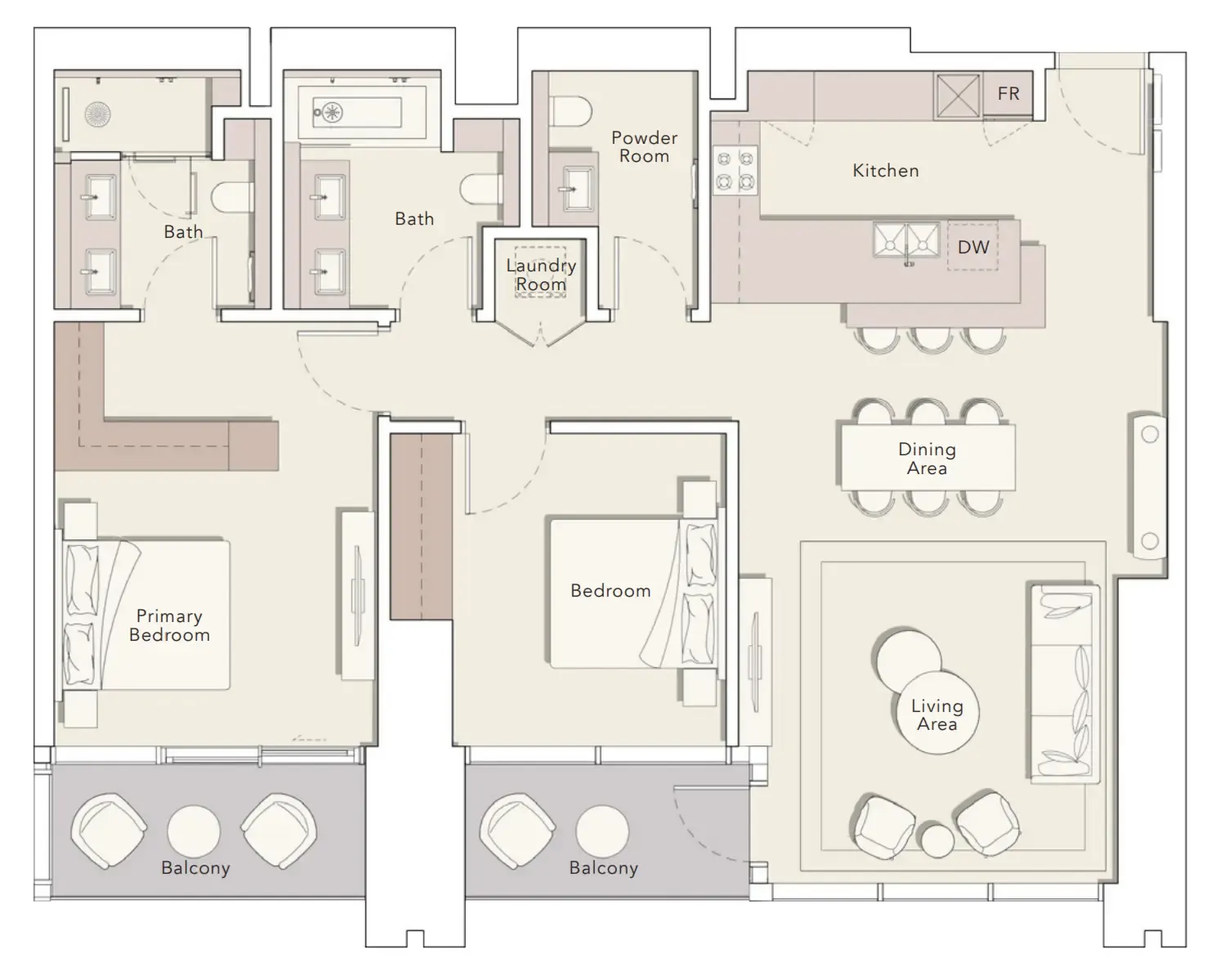 One River Point 2 bed floor plan, 1,480 sqft
