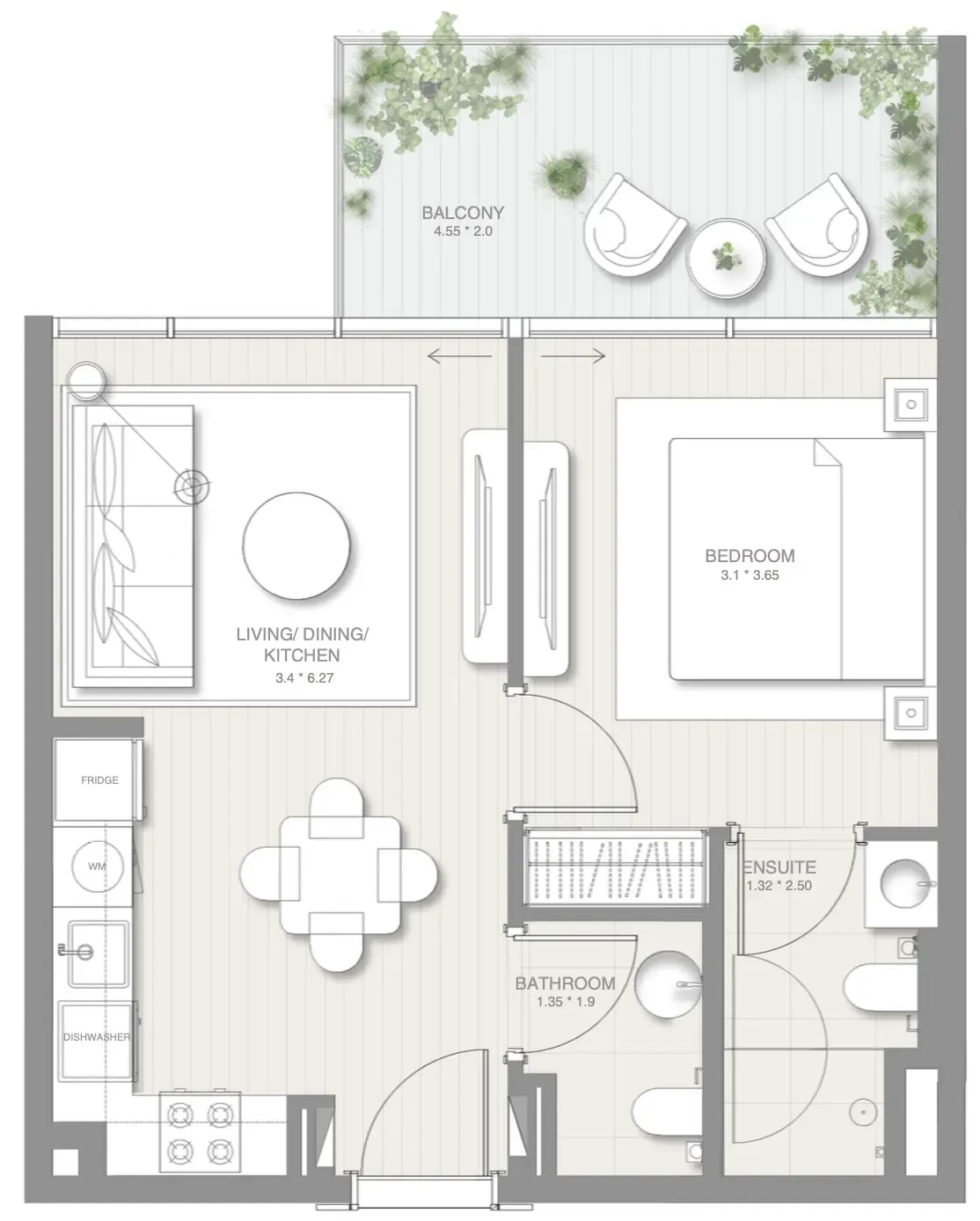 Sol Levante 1 bed floor plan, 576 sqft