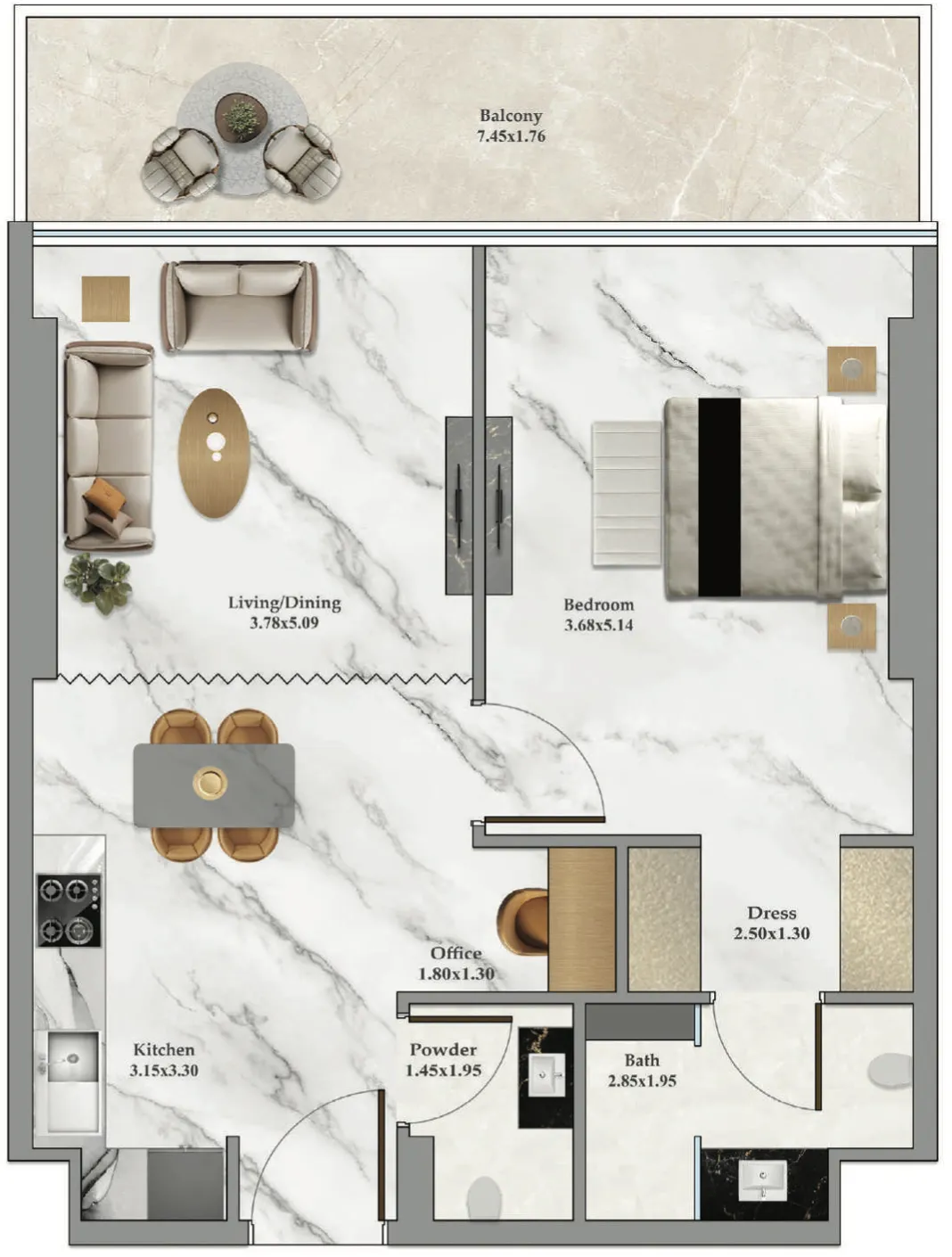Bayz 102 1 bed floor plan, 805 – 806 sqft
