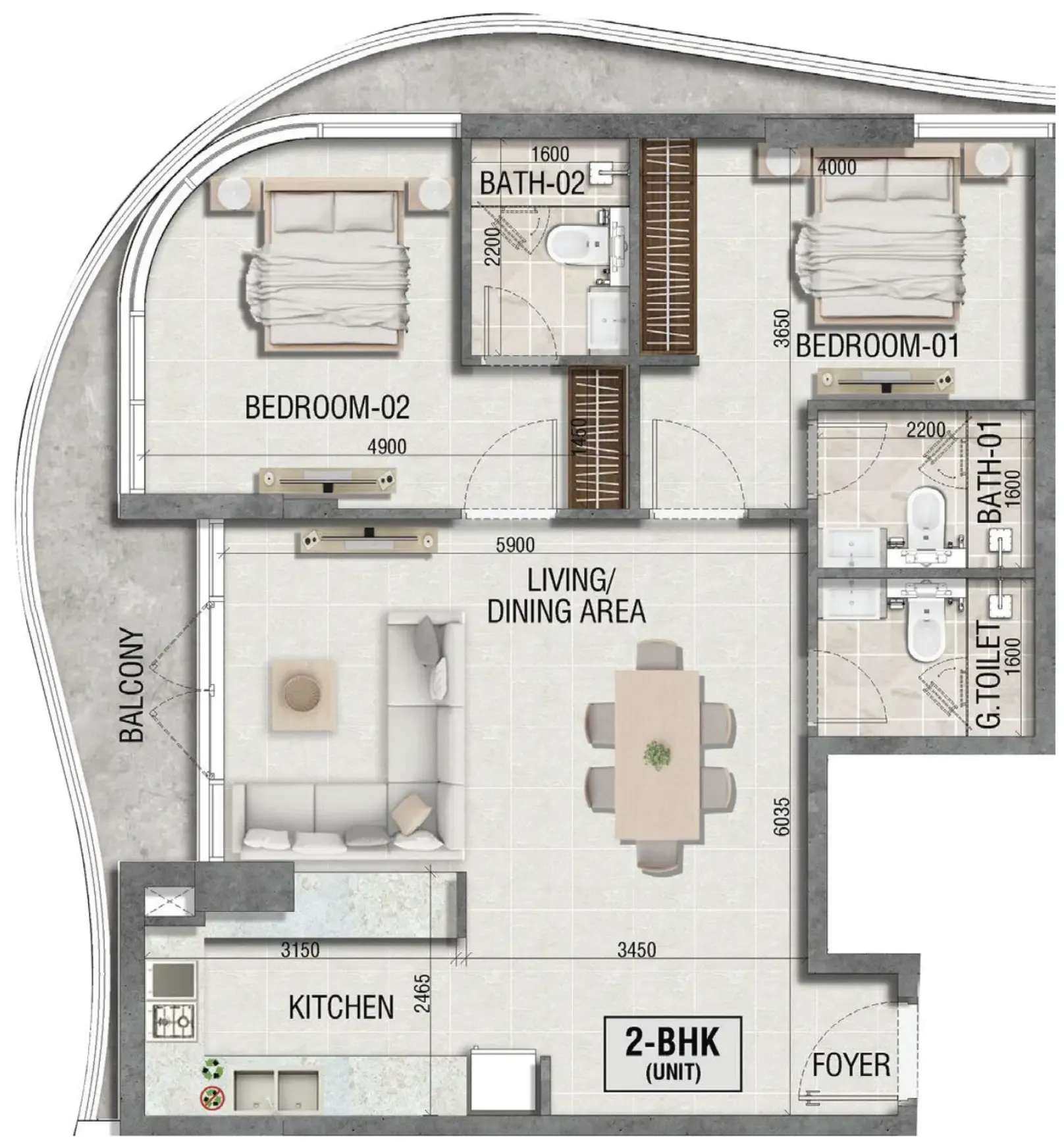 Ramada Residences by Wyndham in Dubai South 2 bed floor plan, 1,085 sqft