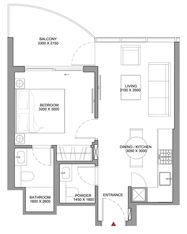 Sobha Aquamont 1 bed floor plan, 569 sqft