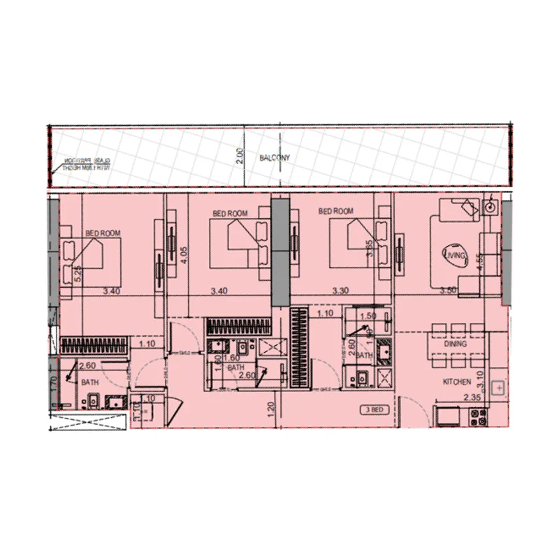 Binghatti Flare 3 bed floor plan, 1,565 sqft