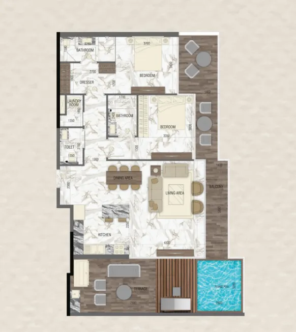 Sky Living 2 bed floor plan, 1,738 sqft