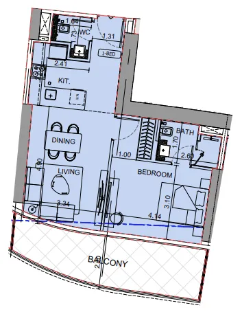 Binghatti Aquarise 1 bed floor plan, 791 sqft