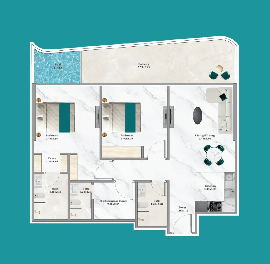 Breez 2 bed floor plan, 1,026 sqft