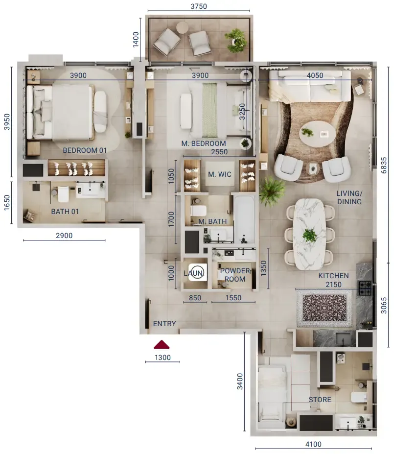 Mirdad 2 bed floor plan, 1,307 sqft