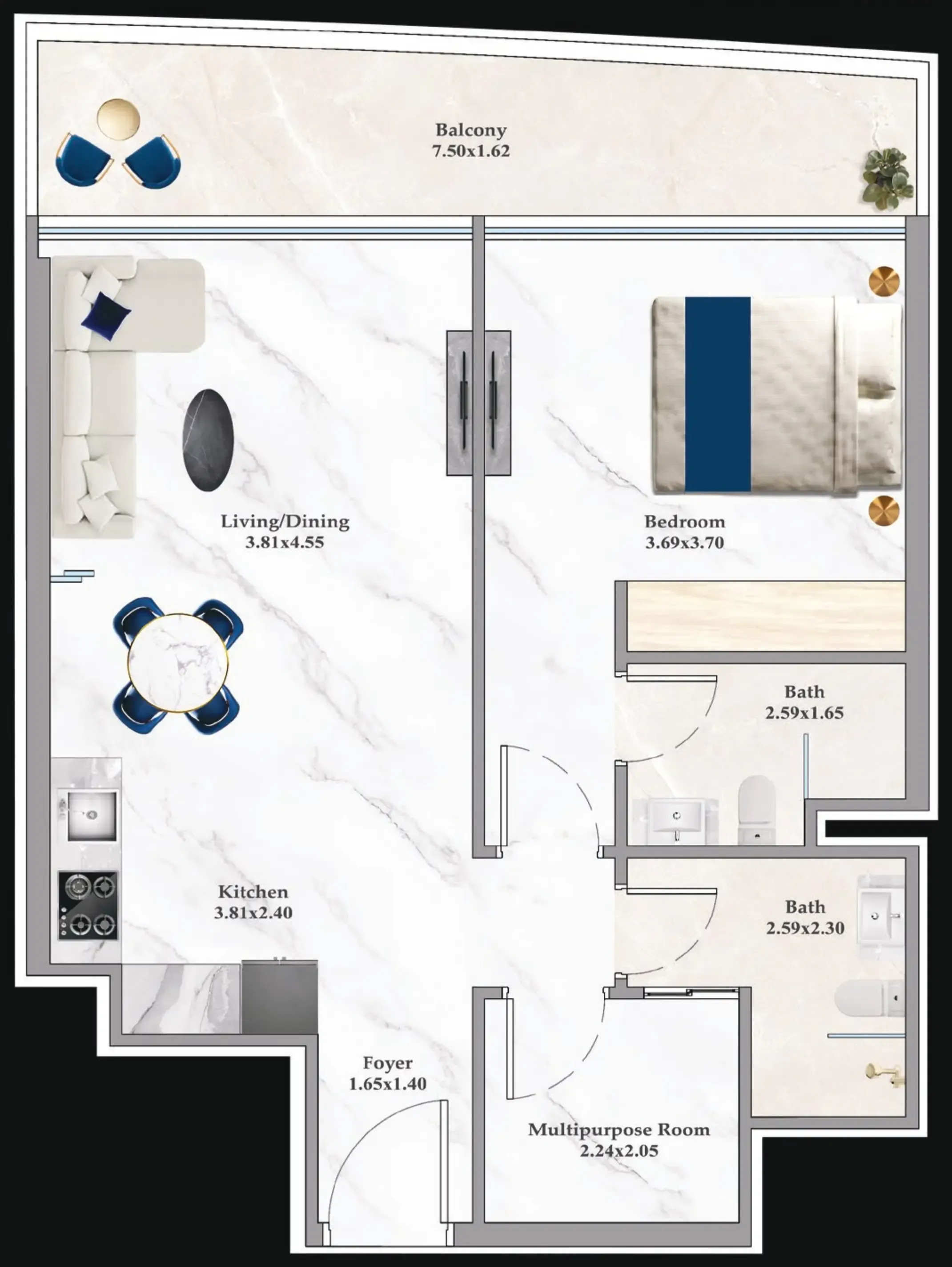 Aspirz 1 bed floor plan, 705 – 750 sqft