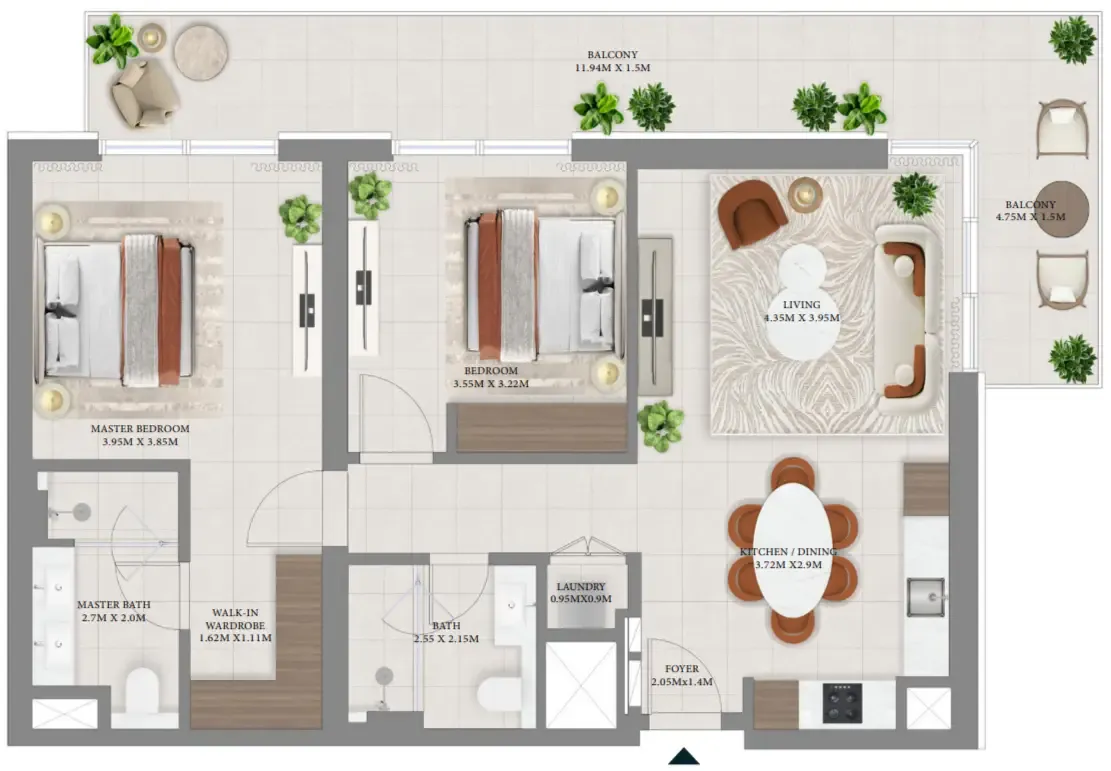 Vida Residences Hillside 2 bed floor plan, 1,300 sqft