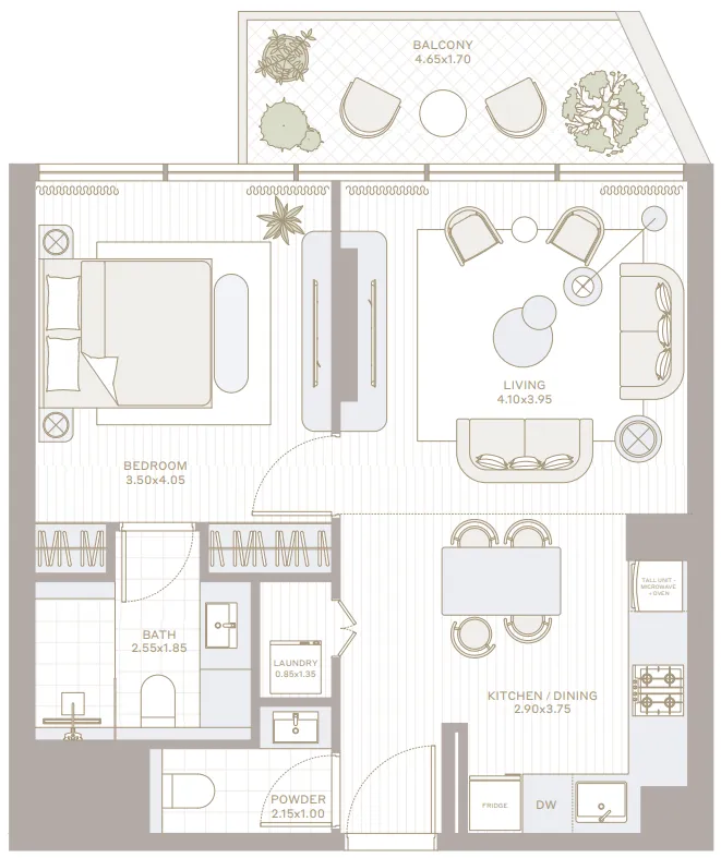 Park Five 1 bed floor plan, 758 sqft