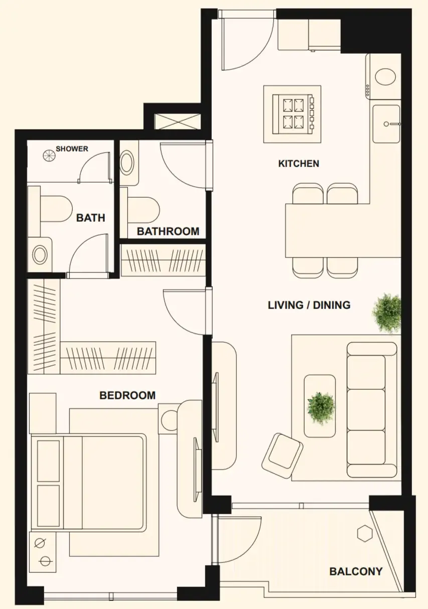 The Elysian 1 bed floor plan, 721 sqft