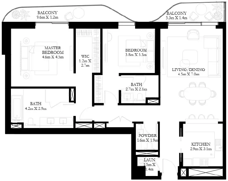 Sunstone 2 bed floor plan, 1,615 sqft
