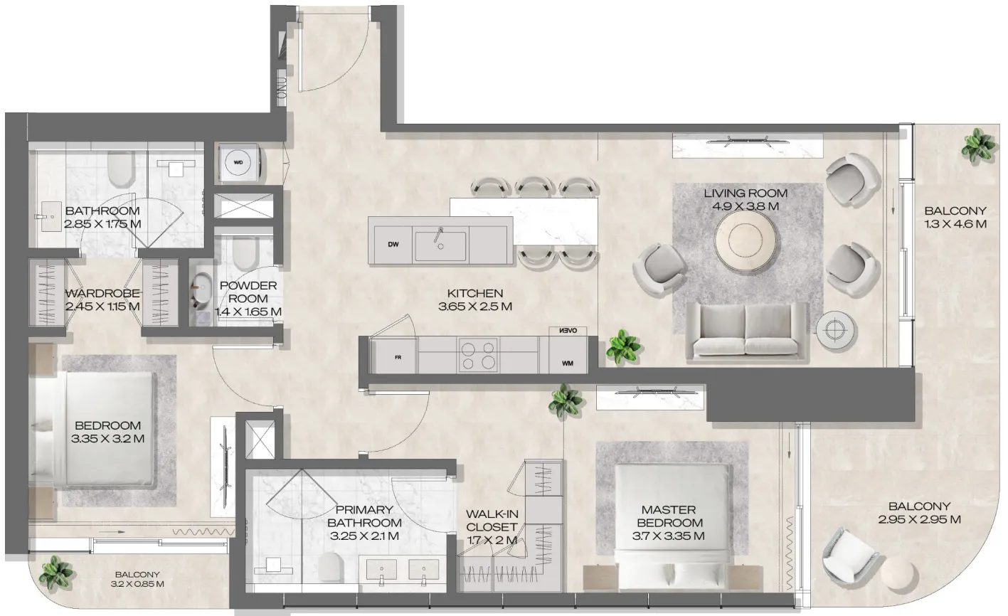 DWTN Residences 2 bed floor plan, 1,335 sqft