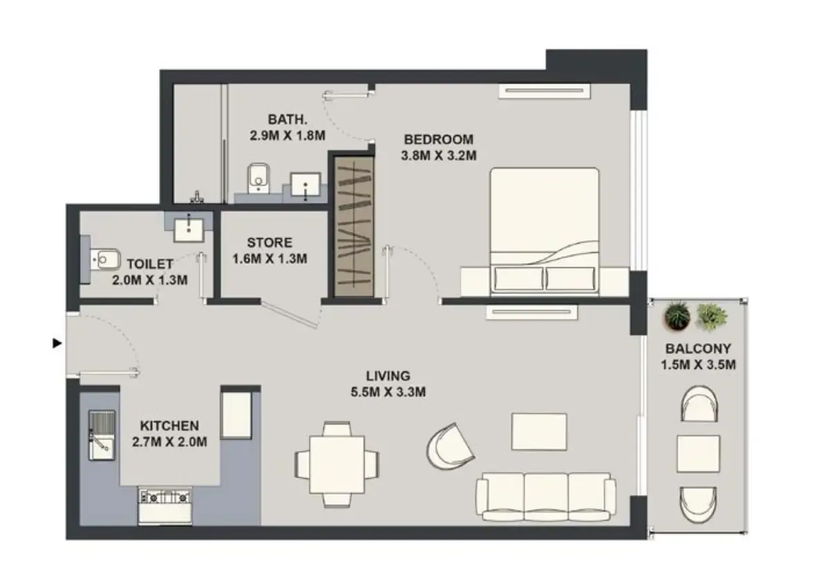 Maison Elysee 1 bed floor plan, 648 sqft