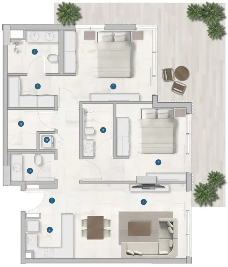 Sola Residences 2 bed floor plan, 1,317 – 1,347 sqft