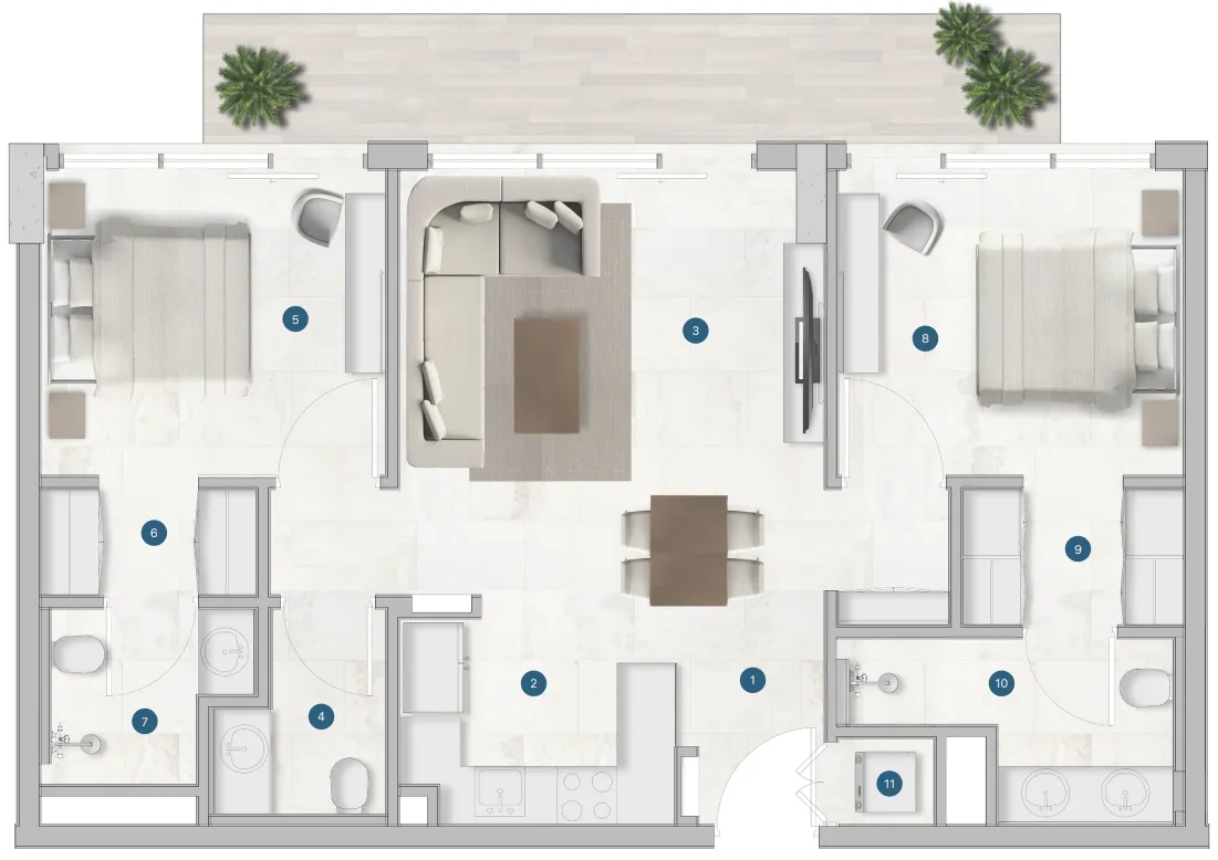 Sola Residences 2 bed floor plan, 1,435 sqft