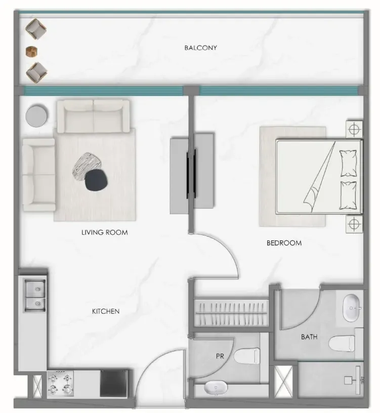 Samana Hills South 1 bed floor plan, 659 sqft