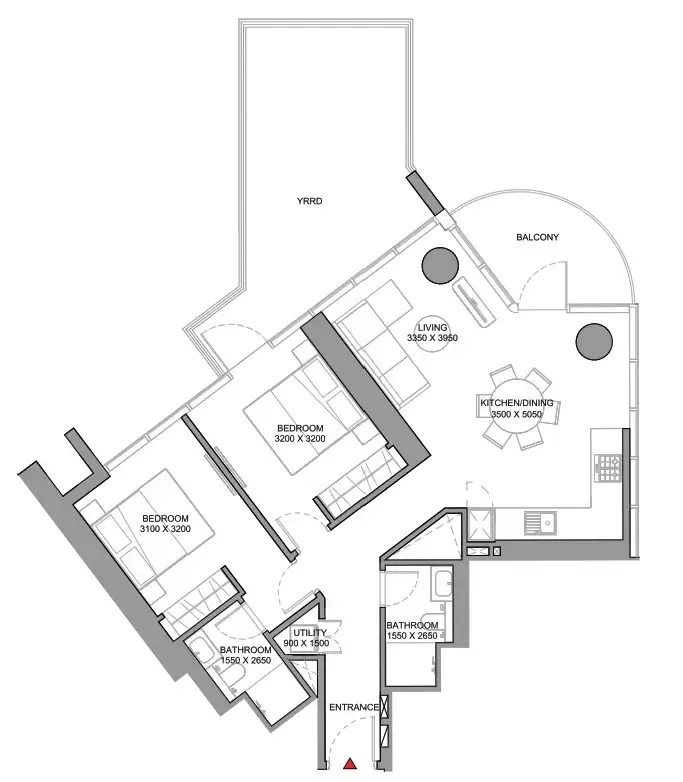 Sobha Orbis 2 bed floor plan, 1,252 sqft