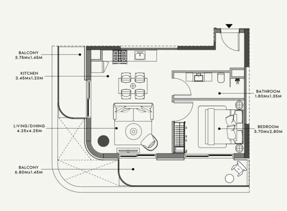 Azizi Venice 1 bed floor plan, 709 sqft