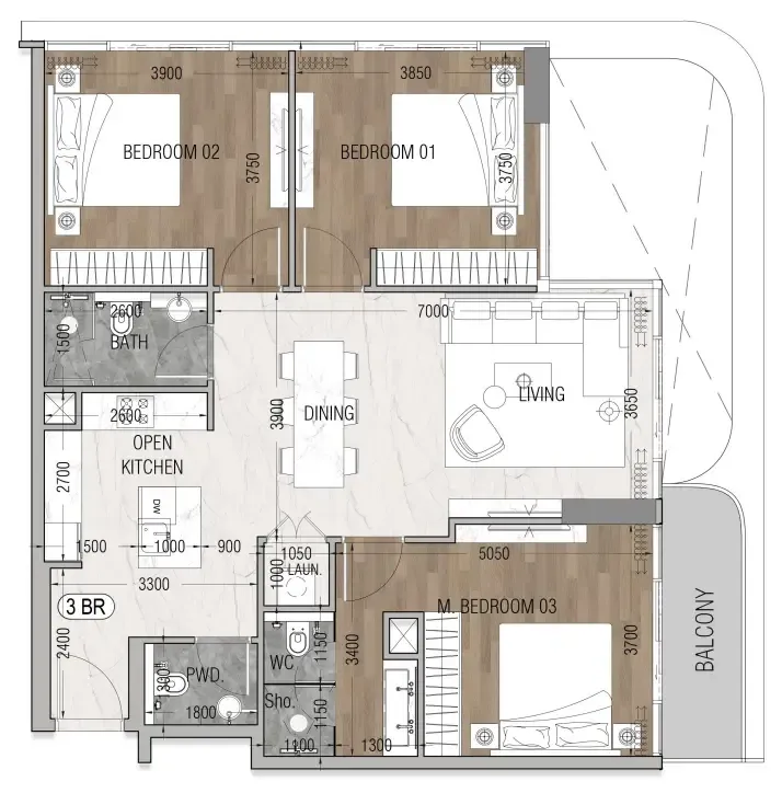 Vue Dorée 3 bed floor plan, 1,182 sqft