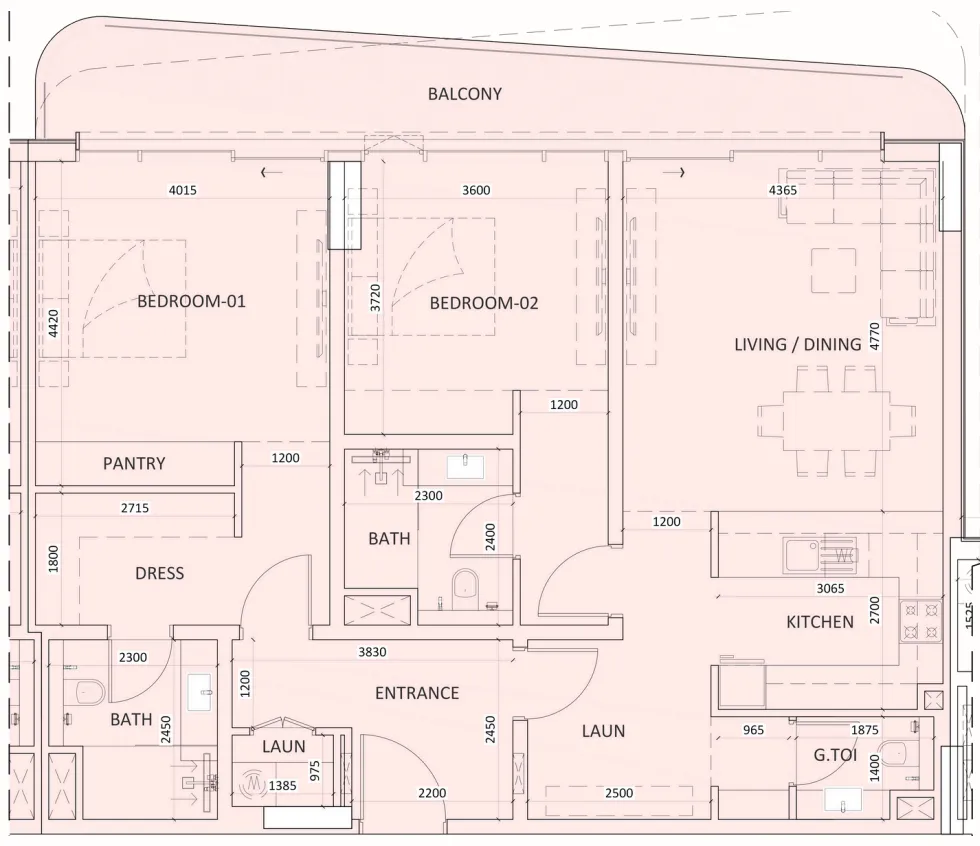 Luzora Residence 2 bed floor plan, 1,406 – 1,407 sqft
