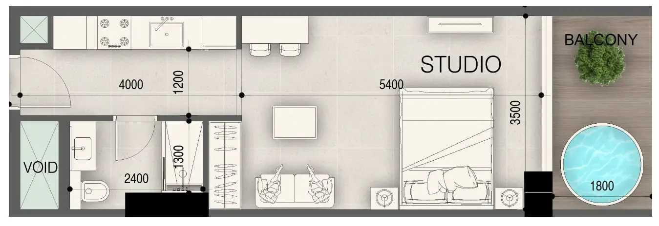 Peace Avenue Studio floor plan, 444 sqft