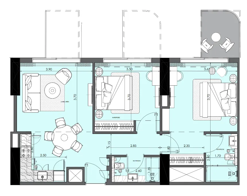 Azizi Wasel 2 bed floor plan, 994 sqft