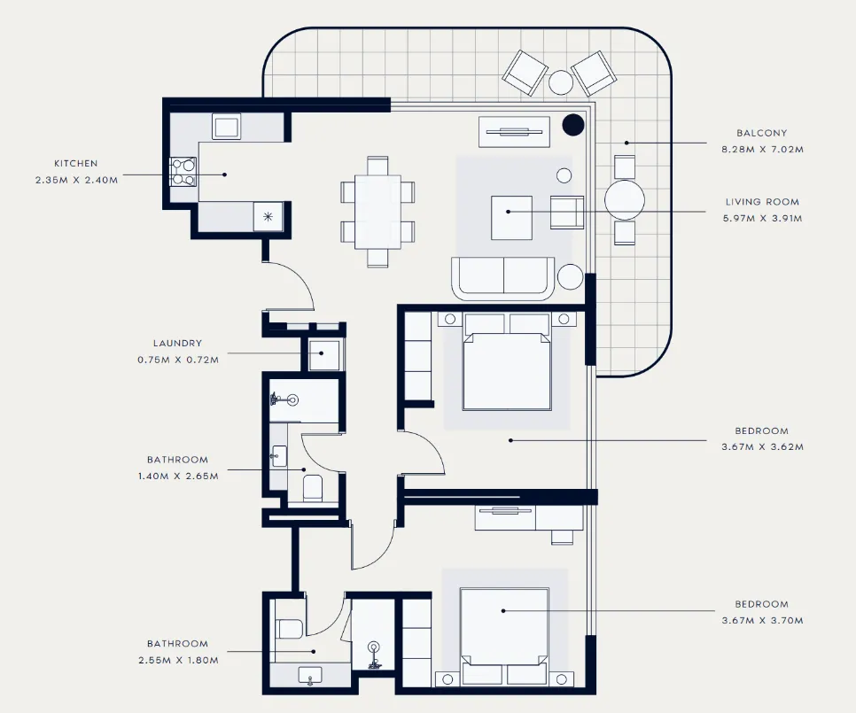 Azizi Venice 2 bed floor plan, 1,127 sqft