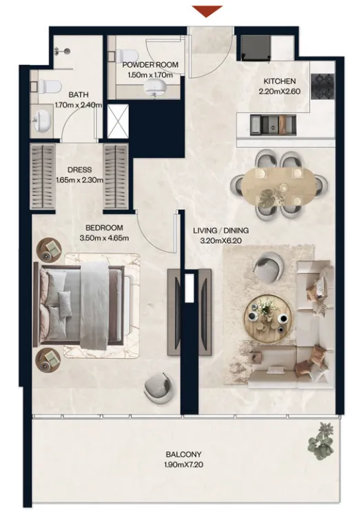 Norah Residence 1 bed floor plan, 844 sqft