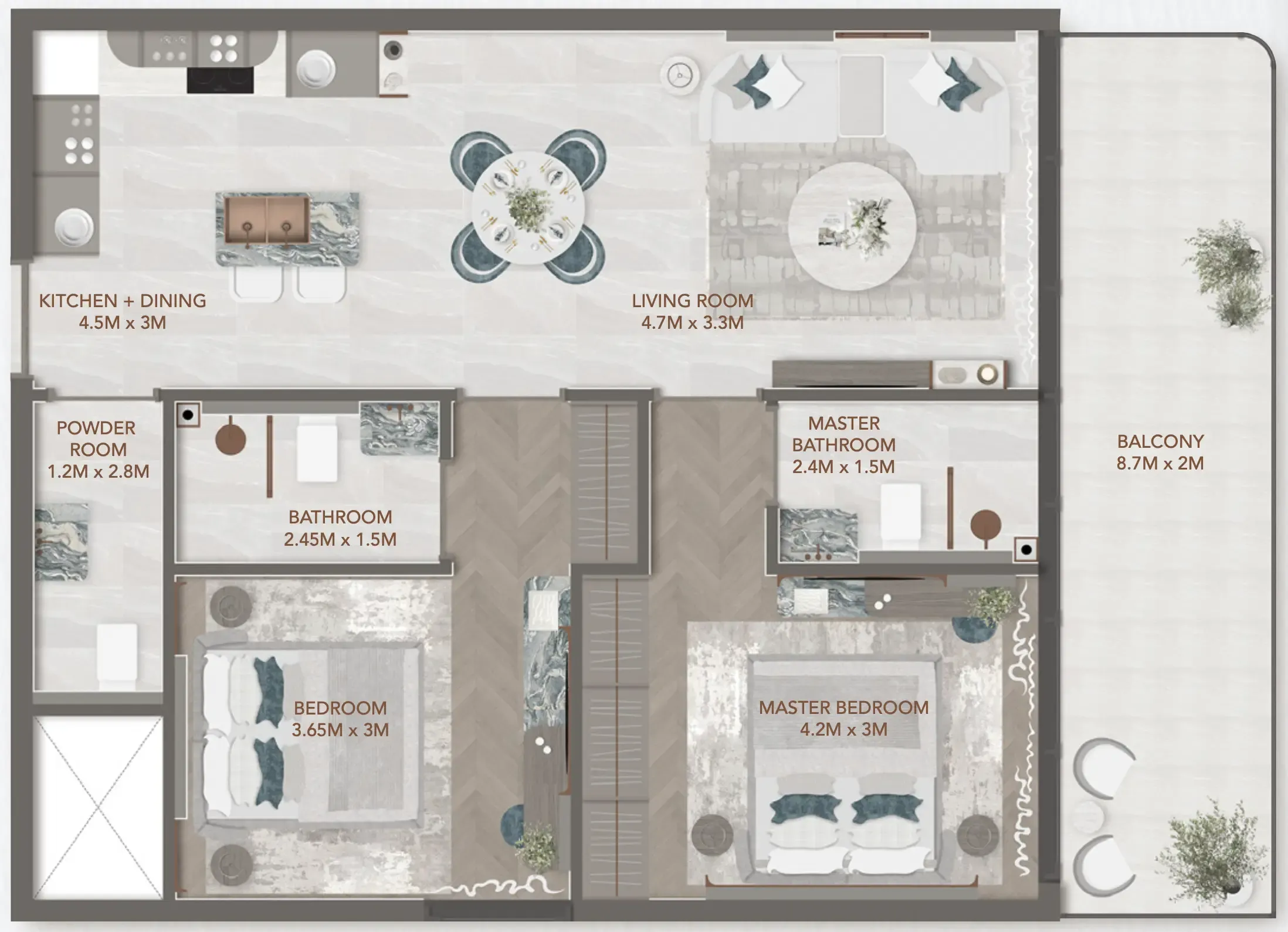 241 Waterside 2 bed floor plan, 986 sqft
