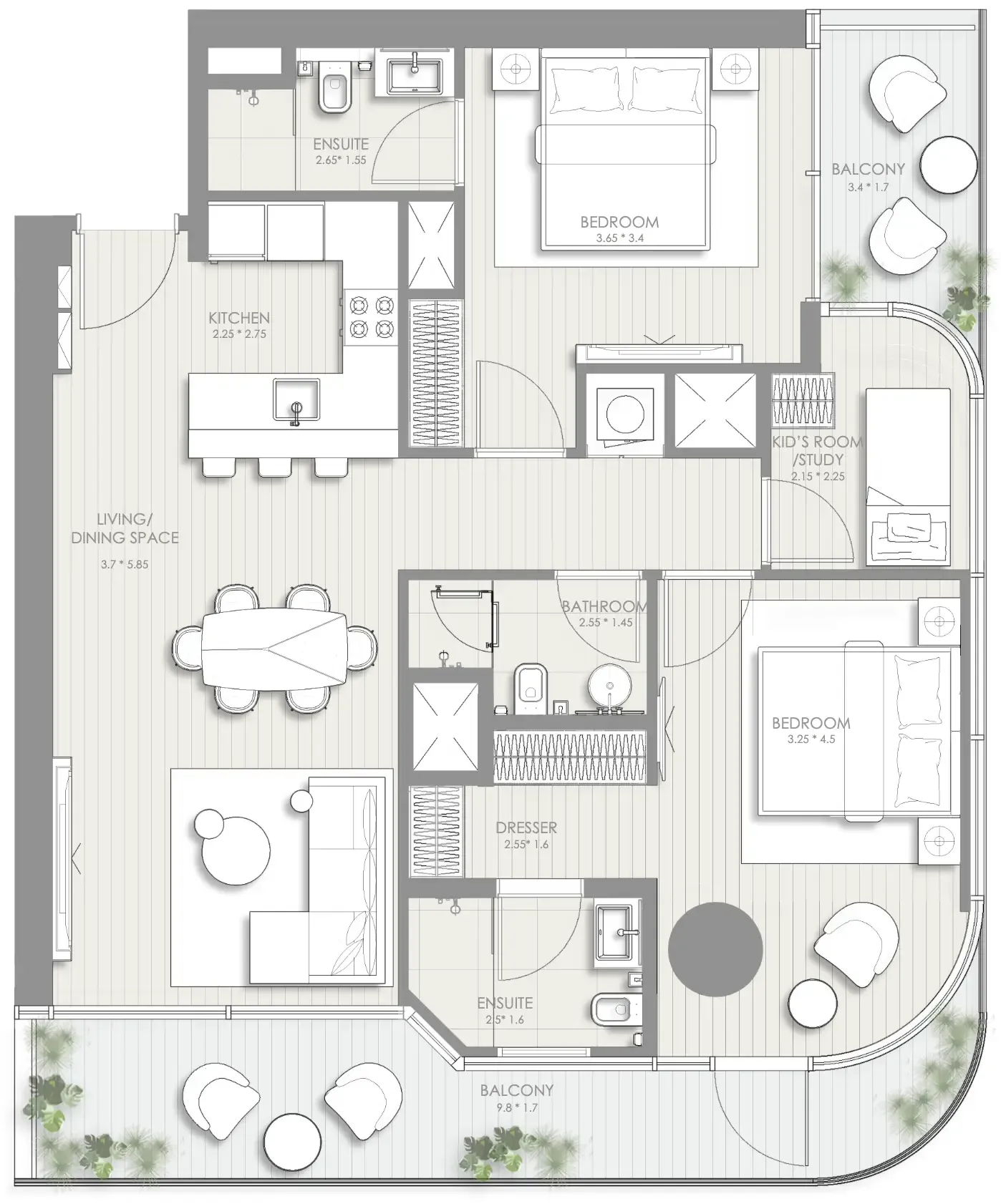Sol Luxe 2 bed floor plan, 1,256 sqft