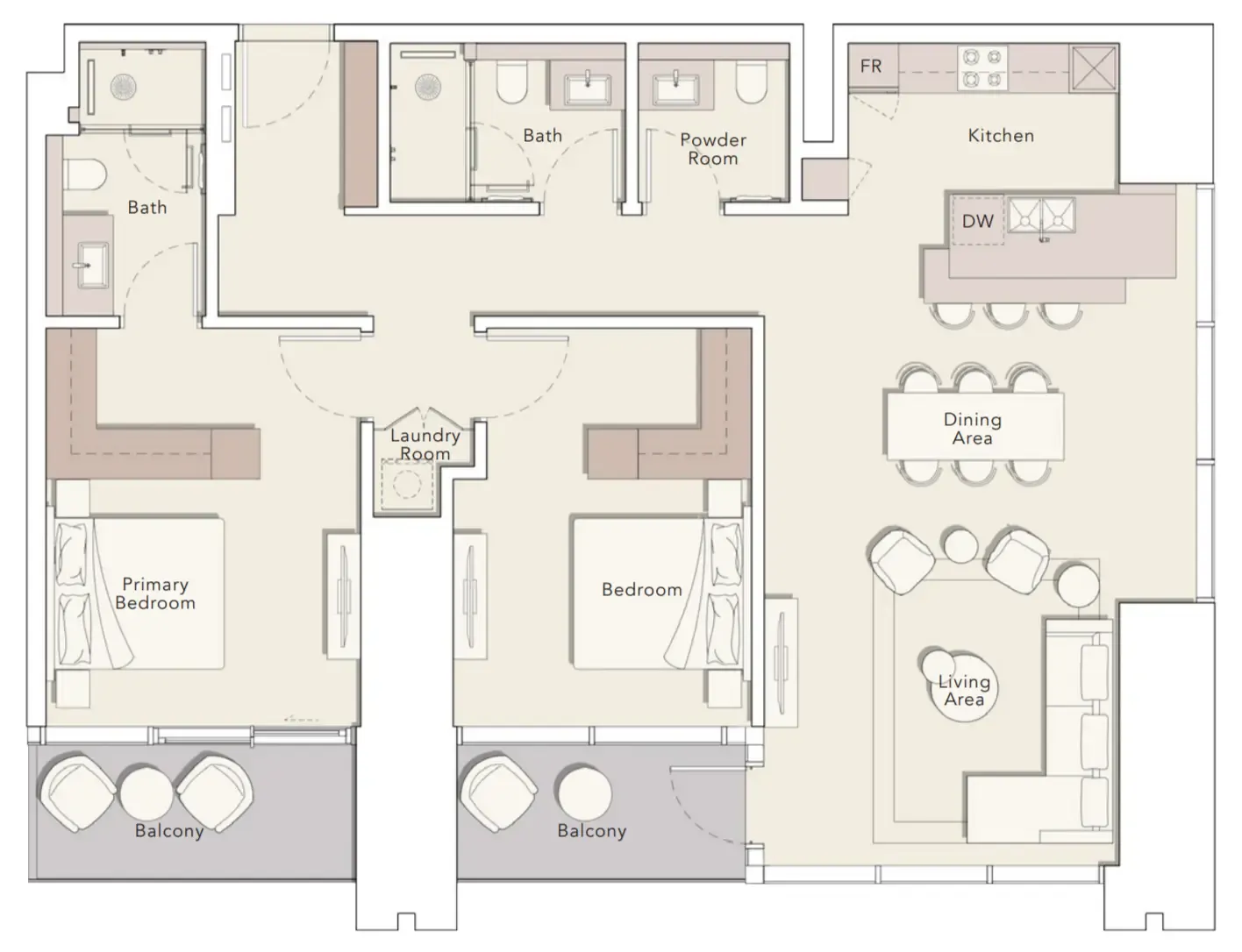 One River Point 2 bed floor plan, 1,462 sqft