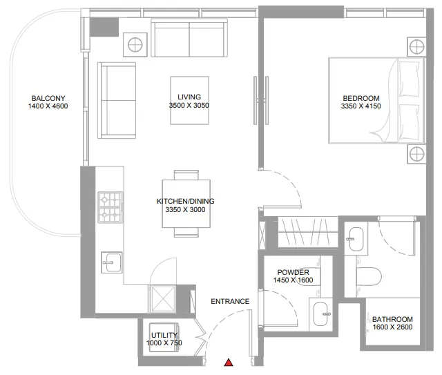 Pristine Beach Residences 1 bed floor plan, 620 sqft