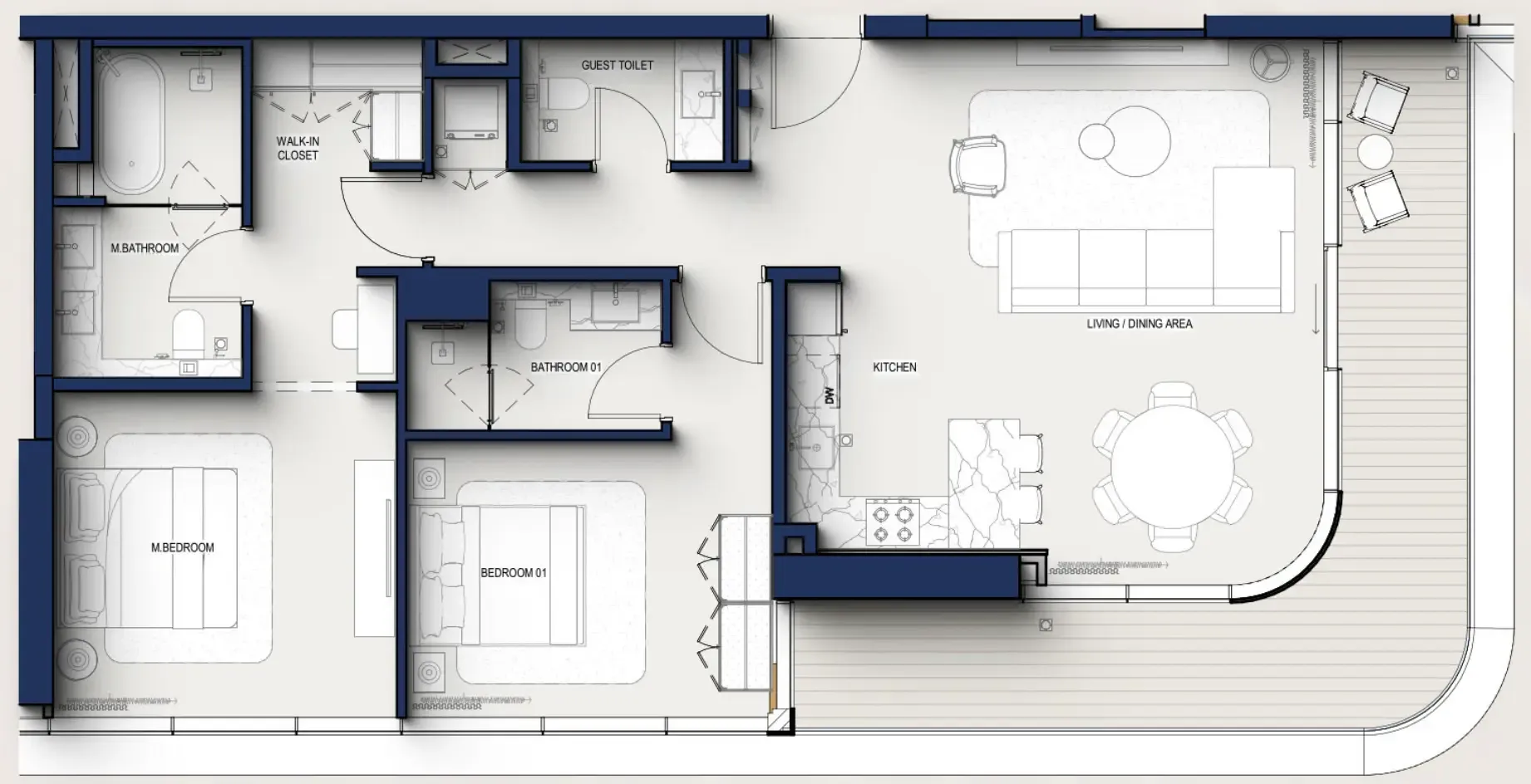 Hilton Residences 2 bed floor plan, 1,377 sqft