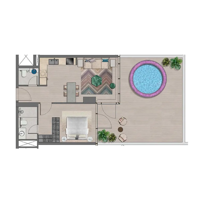 Trio Isle 1 bed floor plan, 933 – 979 sqft
