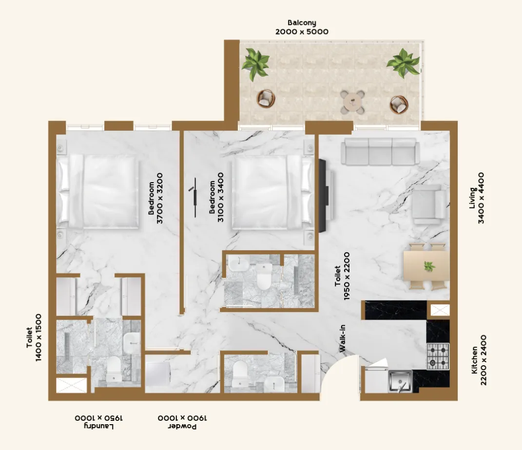 RR Residence 2 bed floor plan, 910 sqft