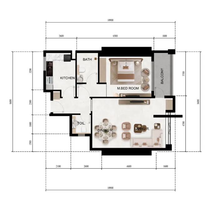 Lily Tower 1 bed floor plan, 837 sqft
