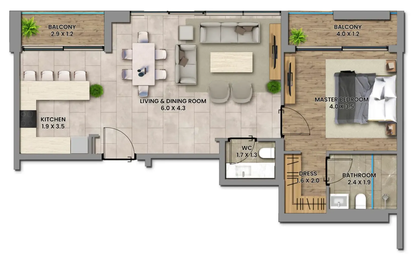 Elemental 78 1 bed floor plan, 856 sqft