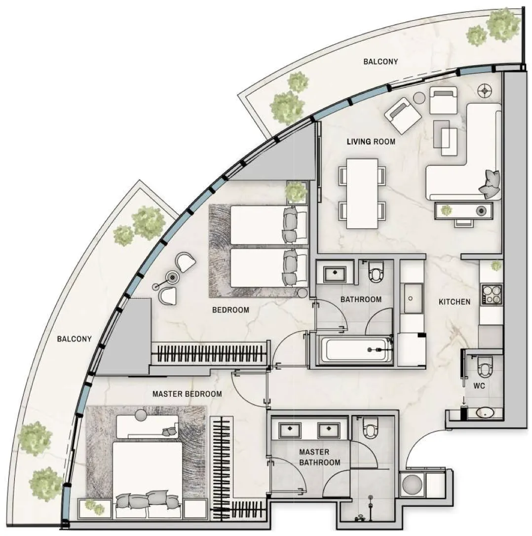 The Biltmore Residences Sufouh 2 bed floor plan, 1,322 – 1,327 sqft