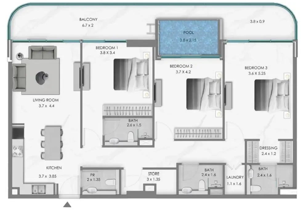 Samana Ocean Bay 3 bed floor plan, 1,708 sqft