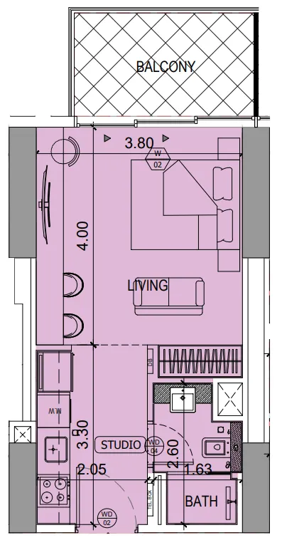 Binghatti Ruby Studio floor plan, 412 sqft