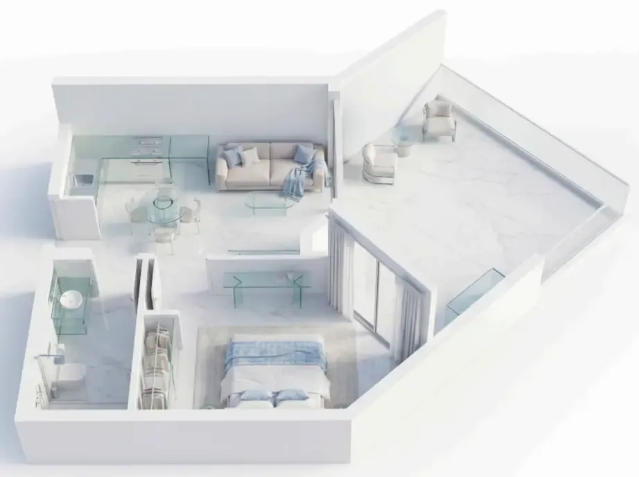 Ice Beach 1 bed floor plan, 549 – 586 sqft
