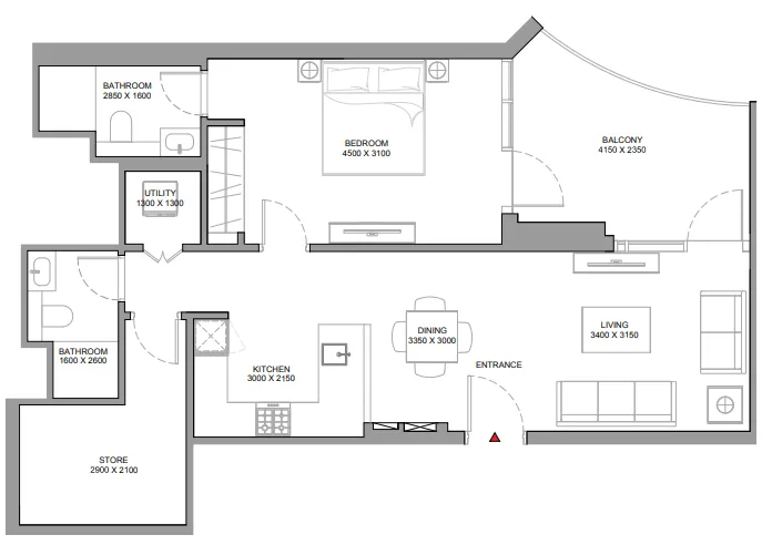Skyvue Spectra 1 bed floor plan, 967 sqft