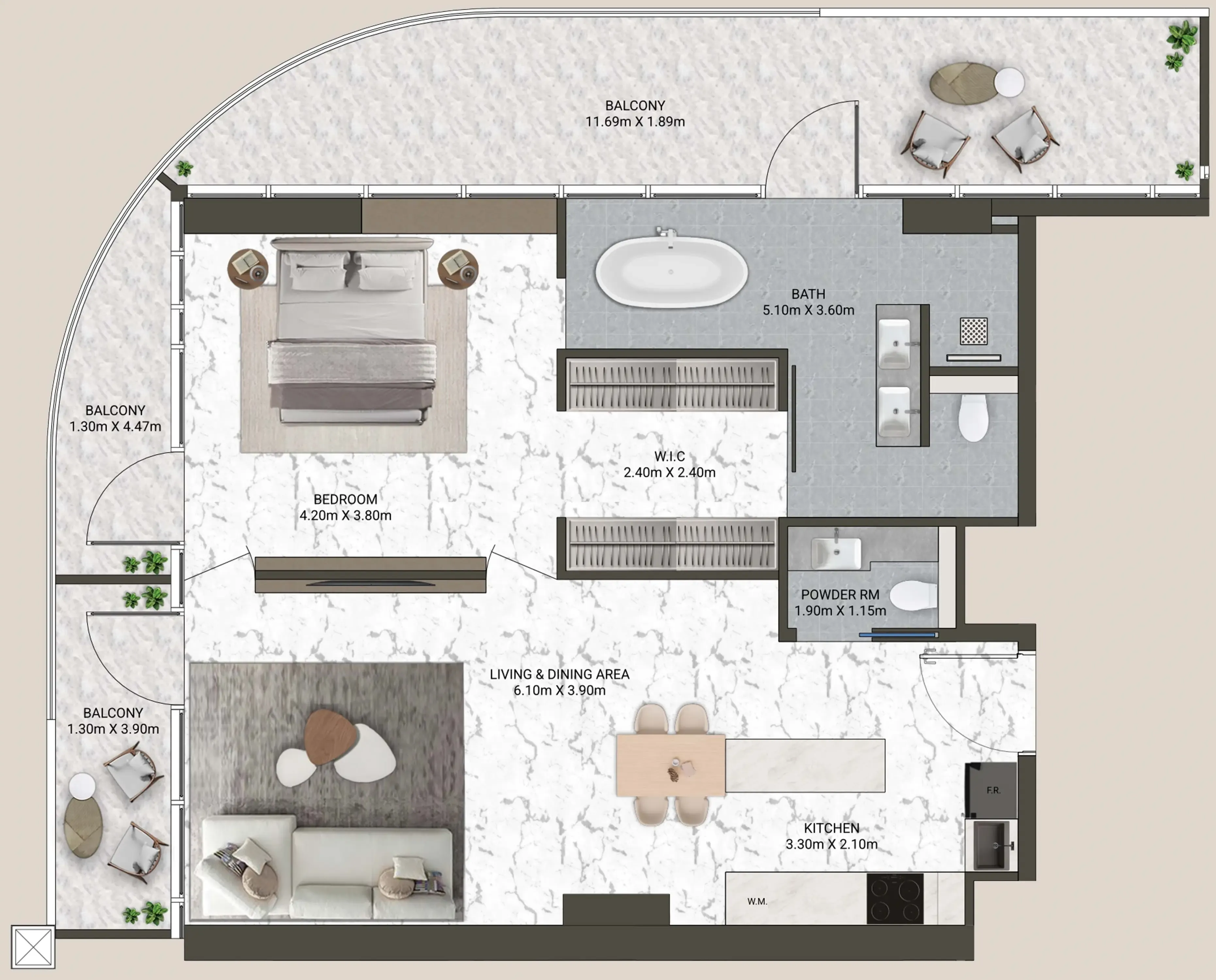 V-Suites 1 bed floor plan, 1,208 sqft