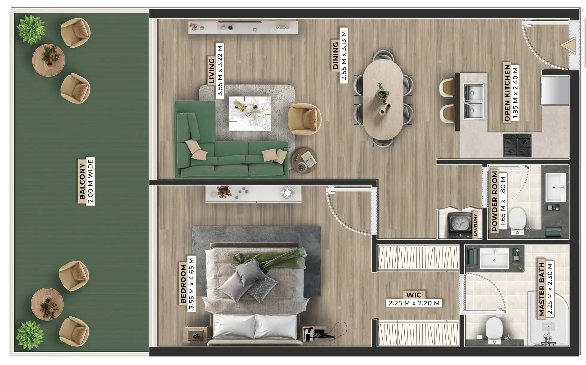 Firoza 1 bed floor plan, 1,100 sqft