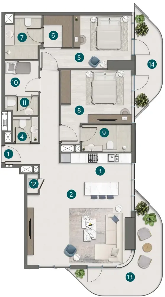 Flora Shore Beachside Residences 2 bed floor plan, 1,428 – 1,539 sqft