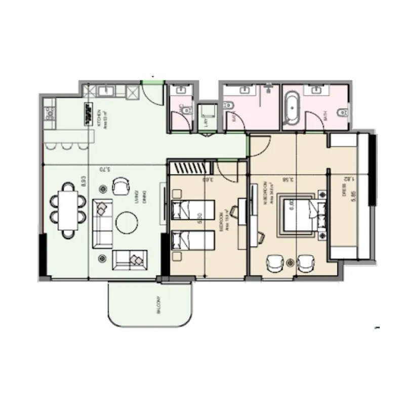 Edgewater Residences 1, 2 and 3 2 bed floor plan, 1,557 sqft