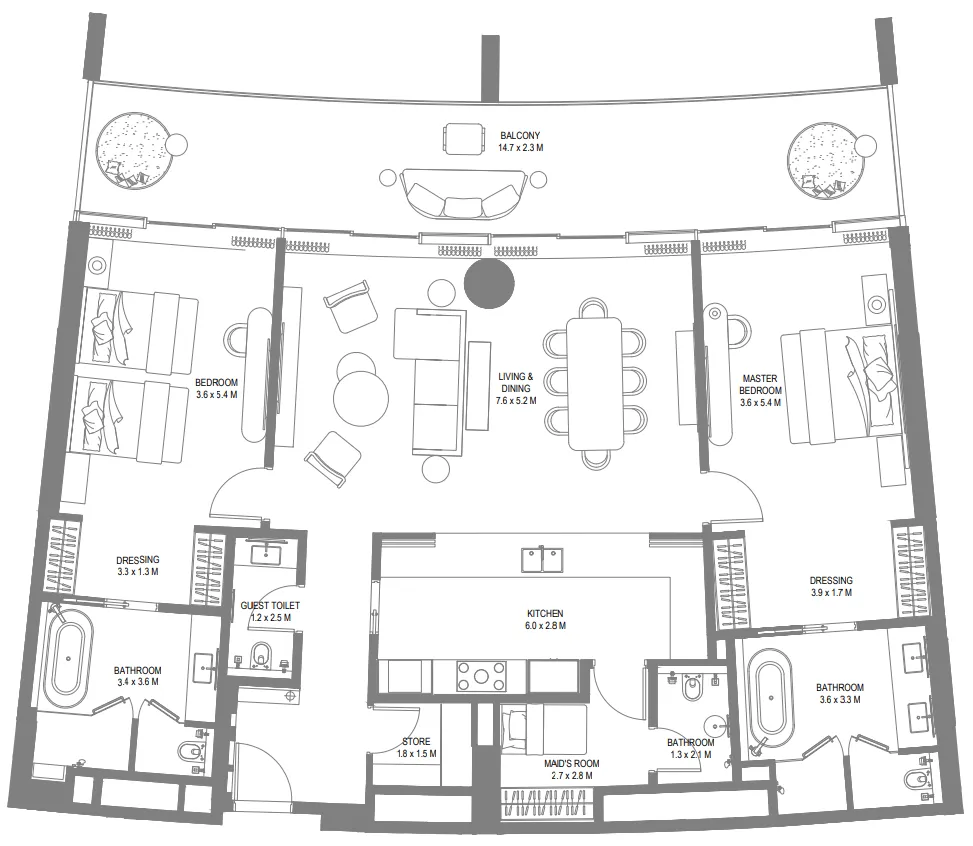 Anantara Sharjah Resort 2 bed floor plan, 2,204 sqft