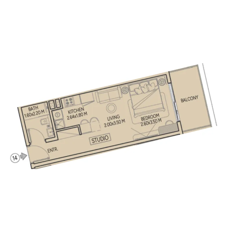 Weston by Wadan Phase 1 & 2 Studio floor plan, 420 – 436 sqft