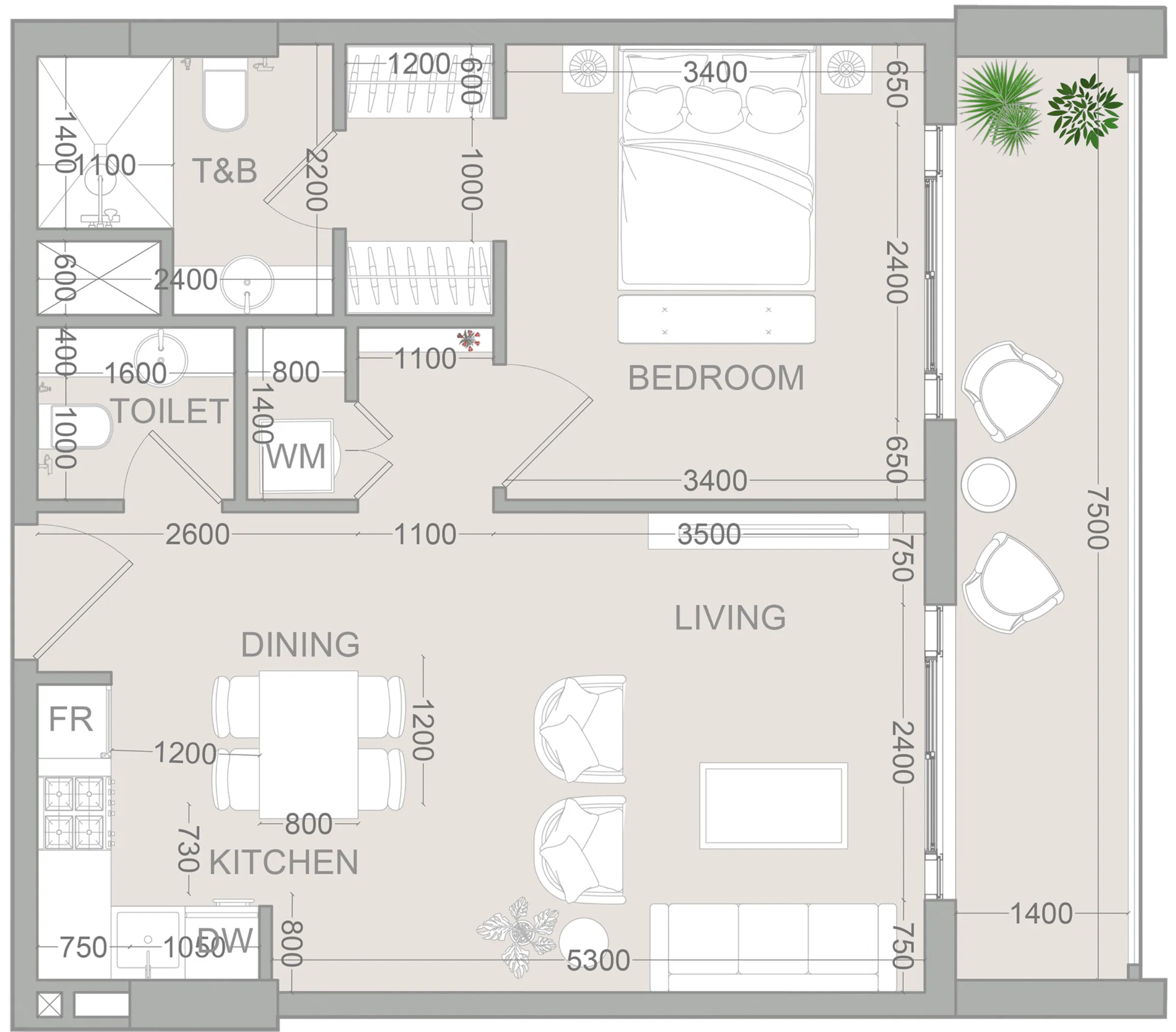 VERDAN1A 2 1 bed floor plan, 755 sqft