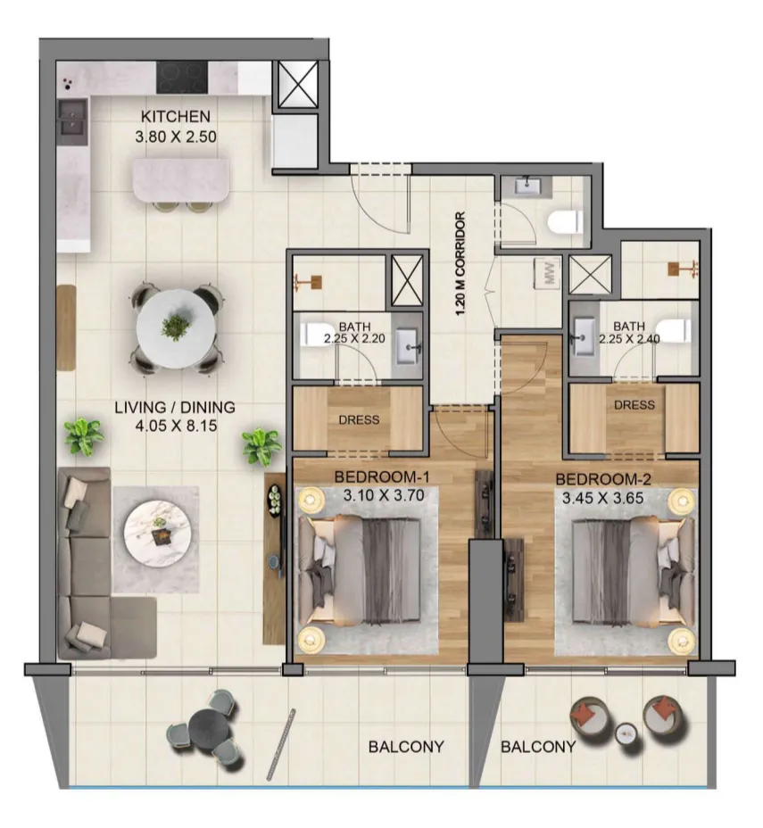 Sky Hills Residence 3 2 bed floor plan, 1,404 sqft